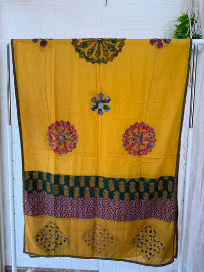 Ajrakh Cotton Applique Work Dupatta - Yellow