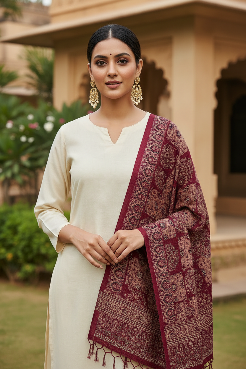 Ajrakh Handloom Cotton Stole - Maroon
