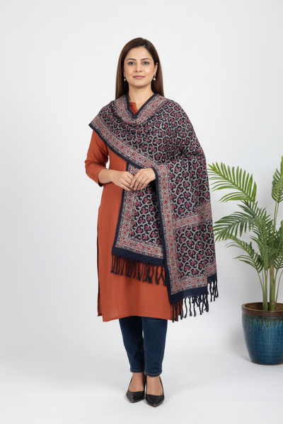 Ajrakh Handloom Cotton Stole - Navy Blue