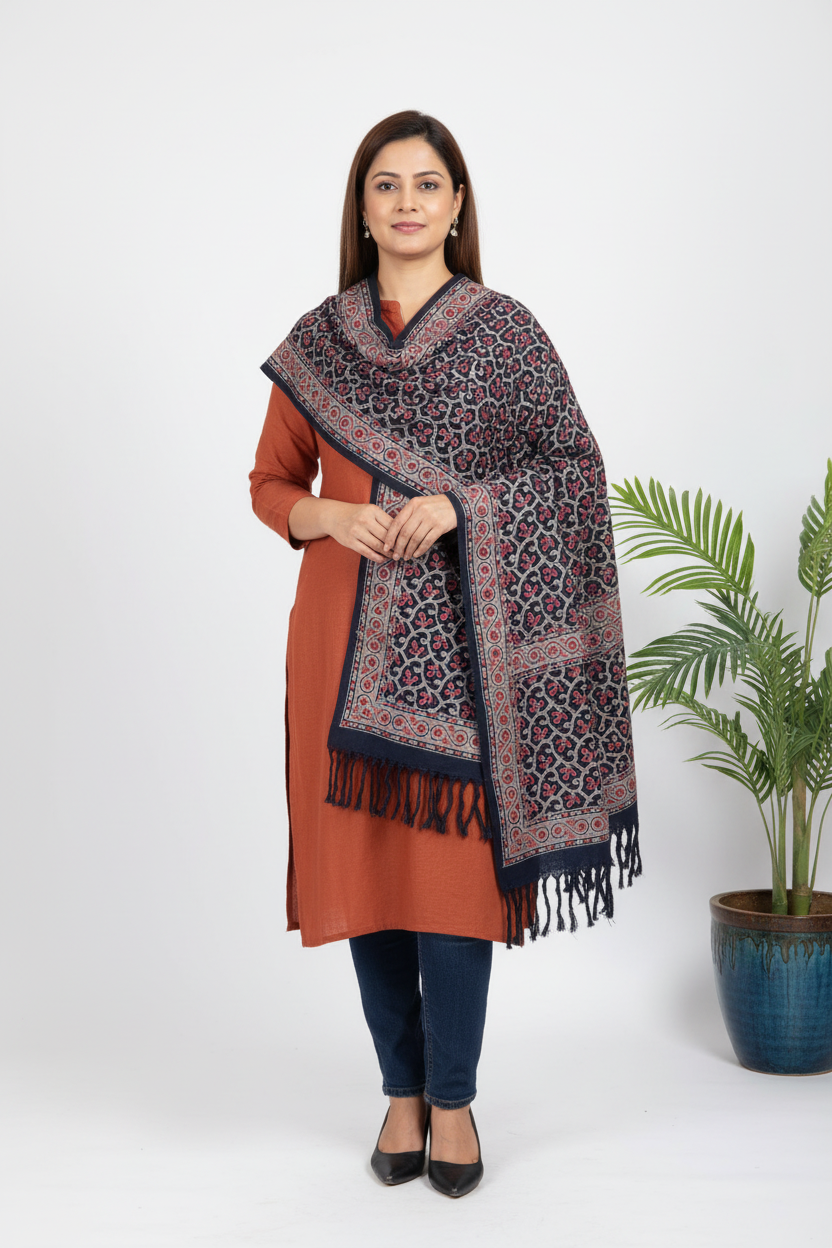 Ajrakh Handloom Cotton Stole - Navy Blue