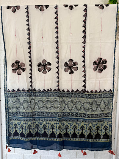 Ajrakh Applique Work Cotton Dupatta - Black, Off-White