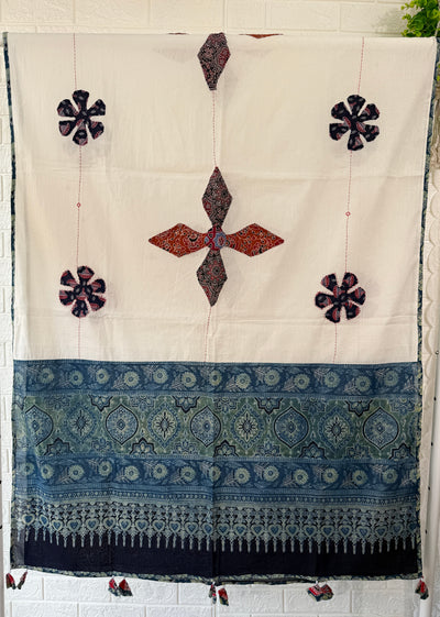 Ajrakh Applique Work Cotton Dupatta - Off-White, Blue