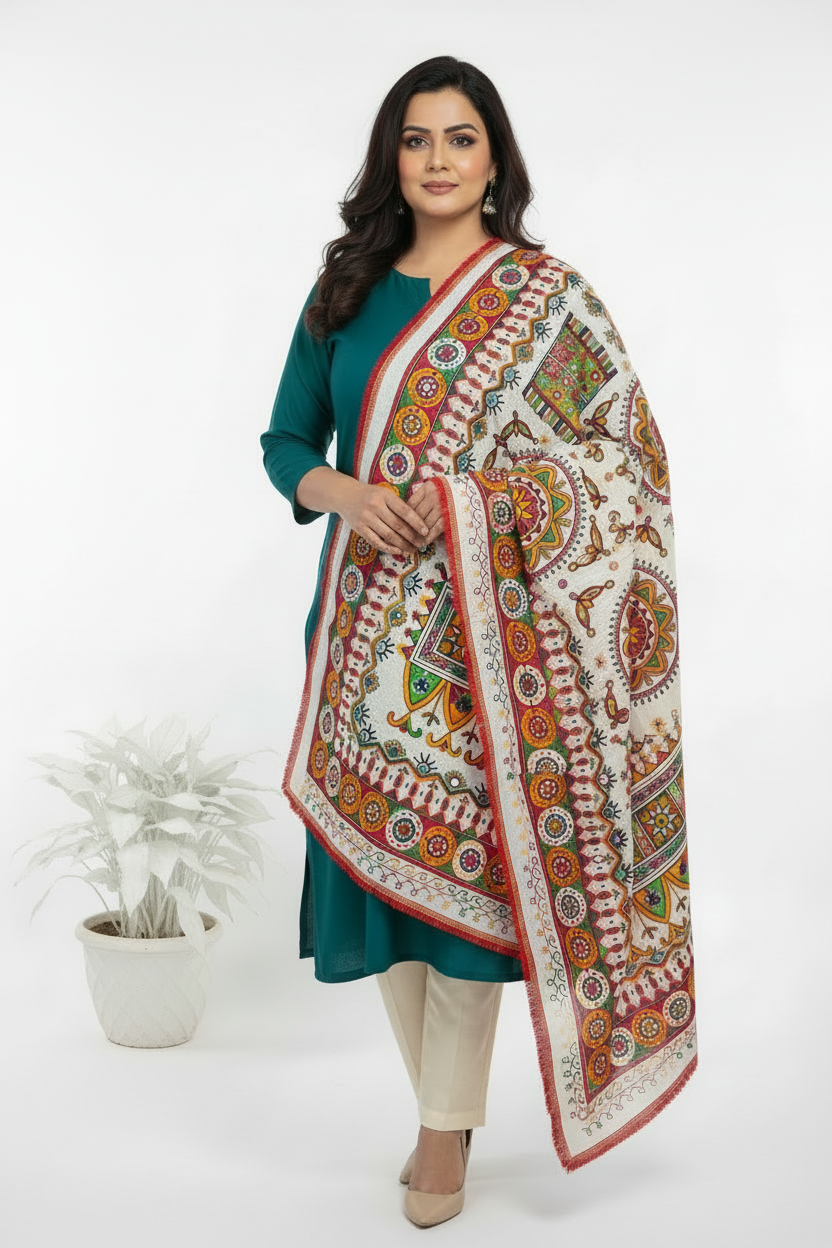Kutchi Cotton Dupatta - White, Multicolor