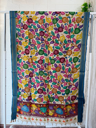 Pen Kalamkari Mangalgiri Silk Dupatta - Blue