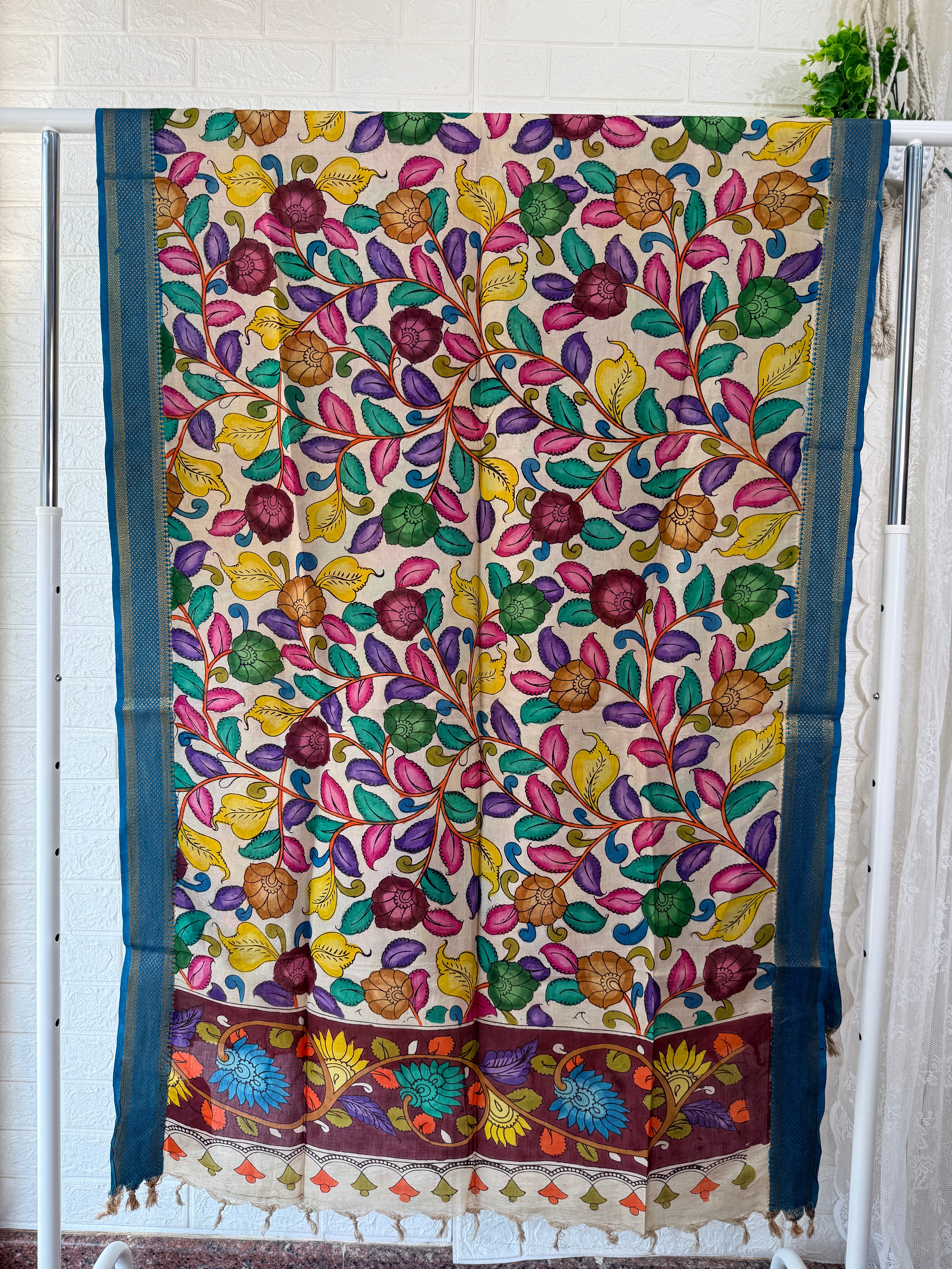 Pen Kalamkari Mangalgiri Silk Dupatta - Blue