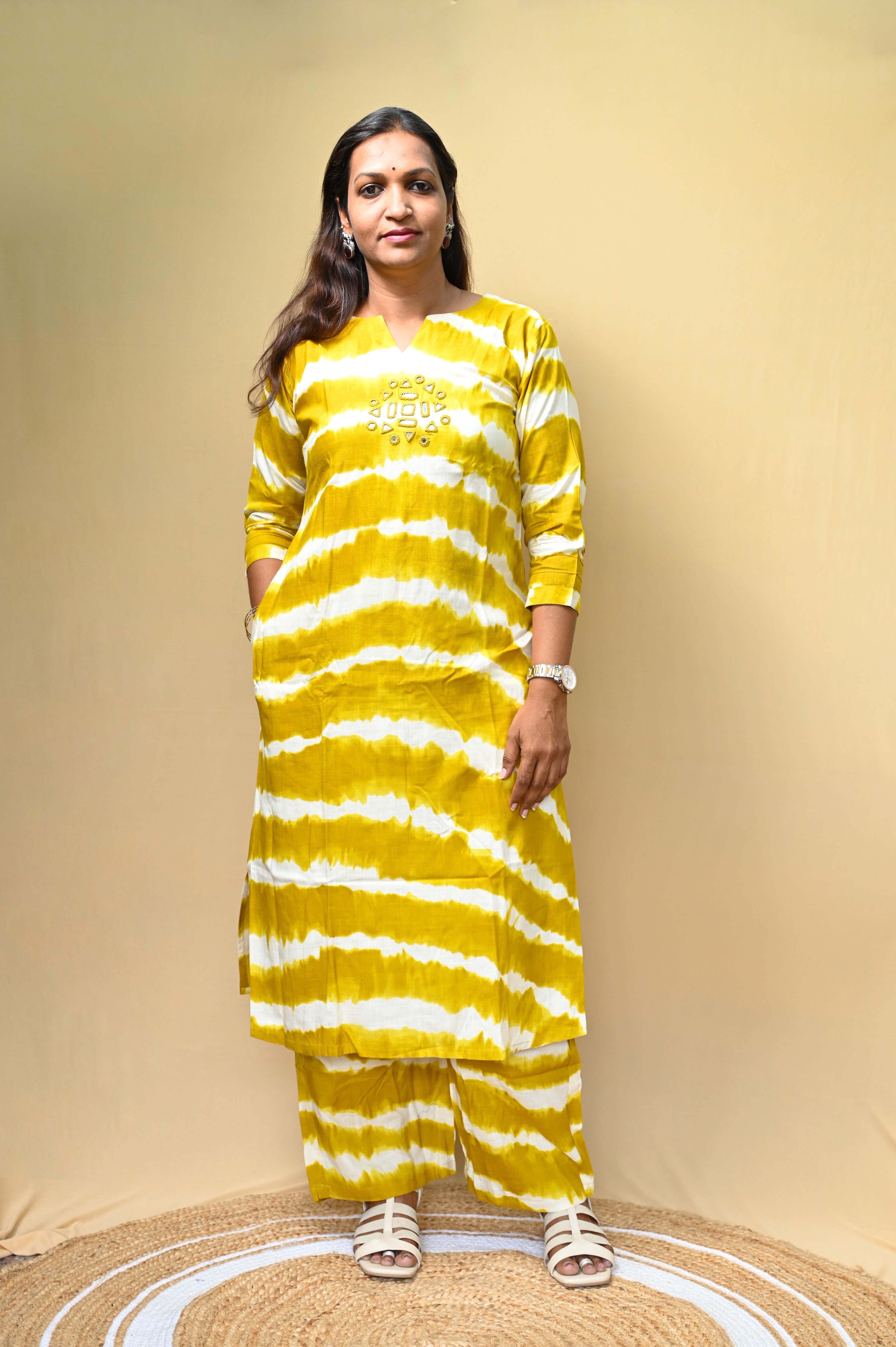 Yellow Cotton Tie-Dye Mirror Work A-Line Kurta Pant Set