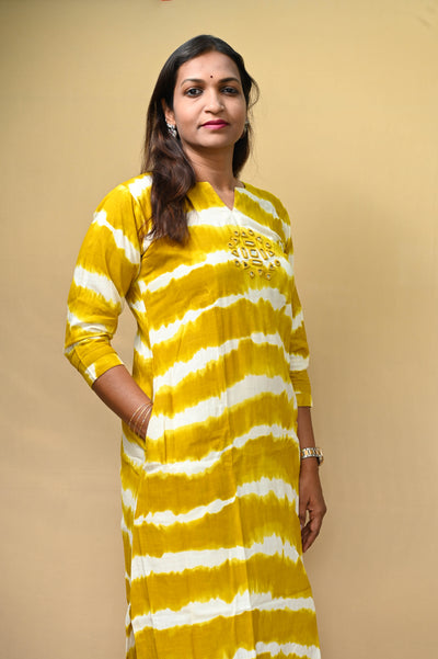 Yellow Cotton Tie-Dye Mirror Work A-Line Kurta Pant Set