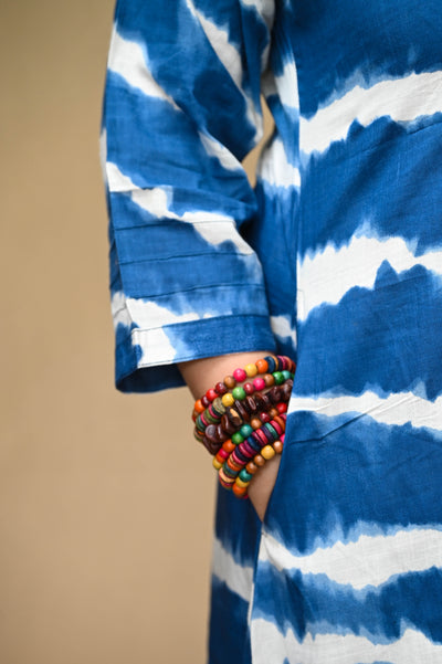 Blue Cotton Tie-Dye Mirror Work A-Line Kurta Pant Set