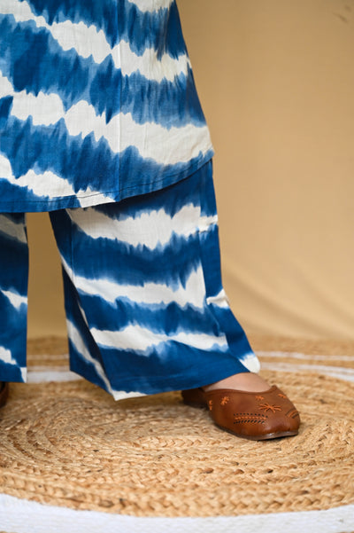 Blue Cotton Tie-Dye Mirror Work A-Line Kurta Pant Set