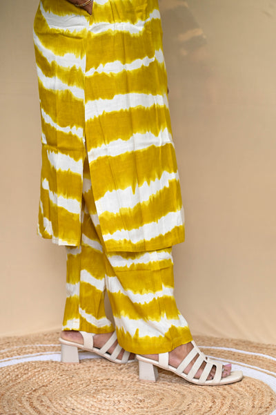 Yellow Cotton Tie-Dye Mirror Work A-Line Kurta Pant Set