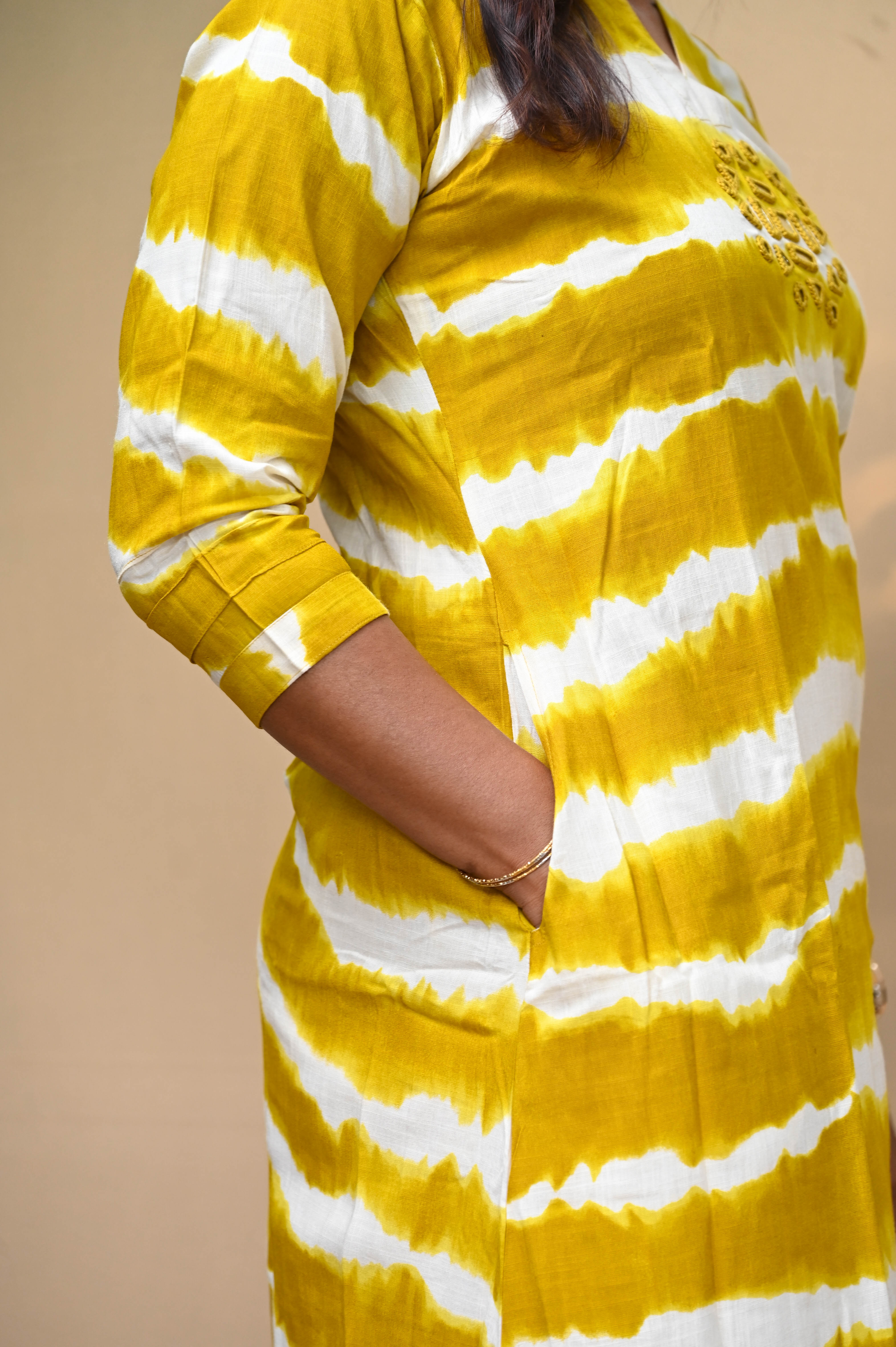 Yellow Cotton Tie-Dye Mirror Work A-Line Kurta Pant Set
