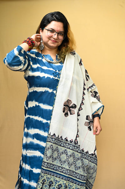 Blue Cotton Tie-Dye Mirror Work A-Line Kurta Pant Set