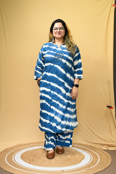 Blue Cotton Tie-Dye Mirror Work A-Line Kurta Pant Set
