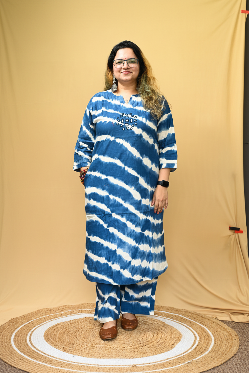 Blue Cotton Tie-Dye Mirror Work A-Line Kurta Pant Set