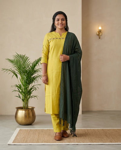 Yellow Muslin Solid Kurta Pant Set With Cross Stitch Embroidery