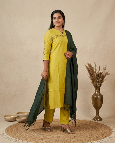 Yellow Muslin Solid Kurta Pant Set With Cross Stitch Embroidery