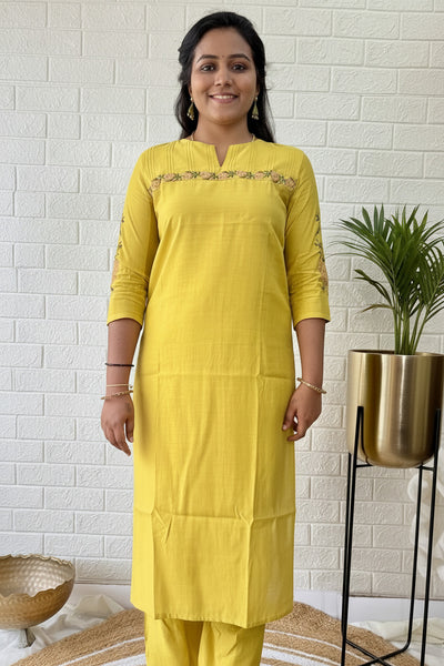Yellow Muslin Solid Kurta Pant Set With Cross Stitch Embroidery