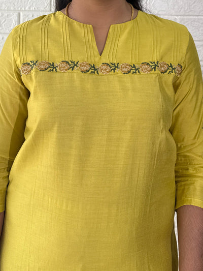 Yellow Muslin Solid Kurta Pant Set With Cross Stitch Embroidery