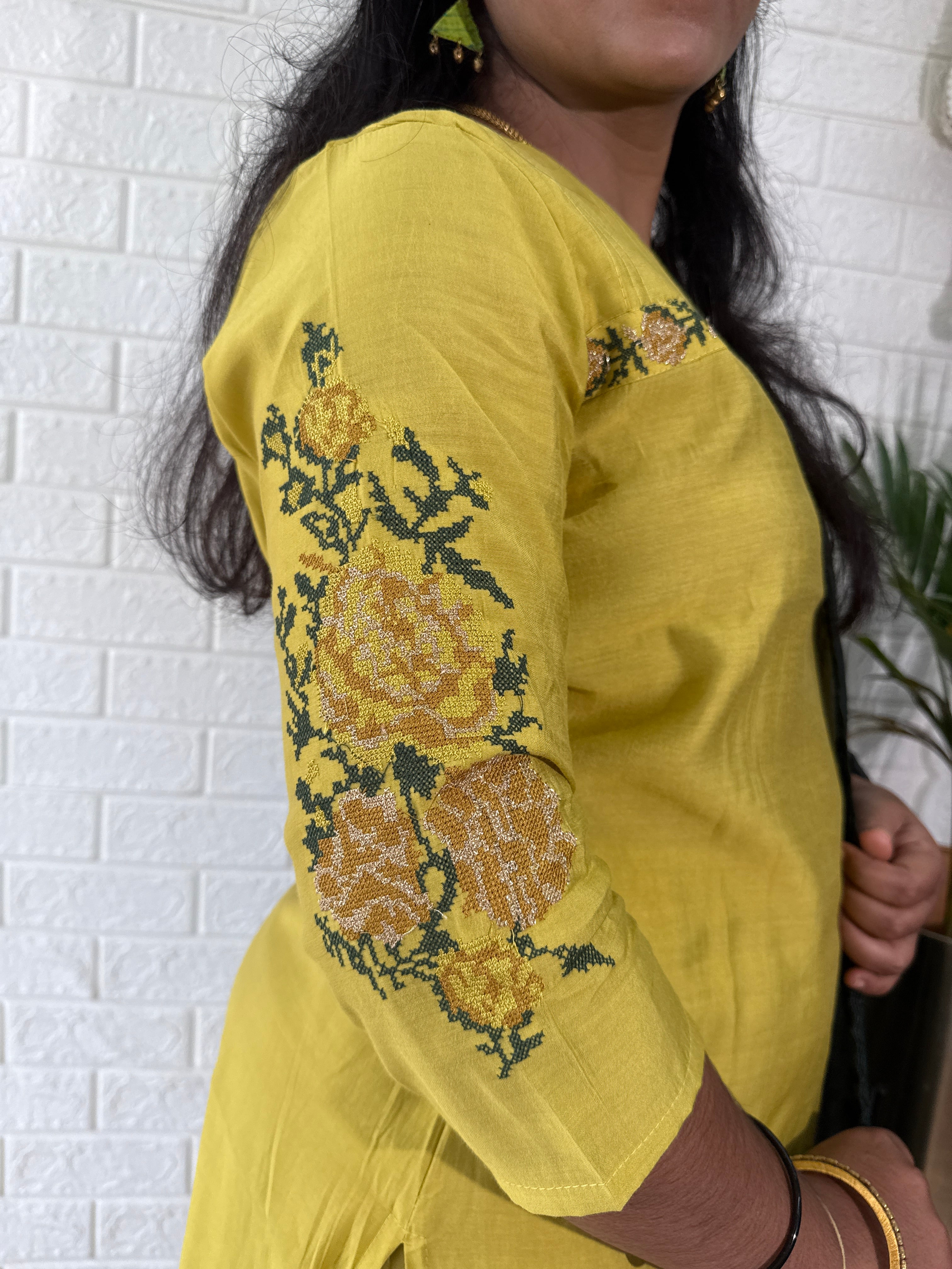 cross stitch embroidery on yellow muslin silk straight kurta set