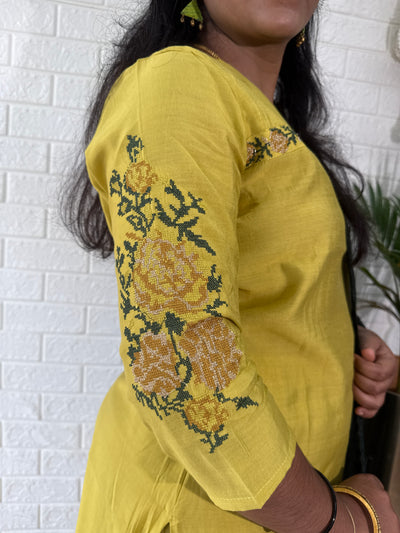 cross stitch embroidery on yellow muslin silk straight kurta set