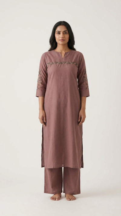 Brown Muslin Kurta Pant Set With Cross Stitch Embroidery