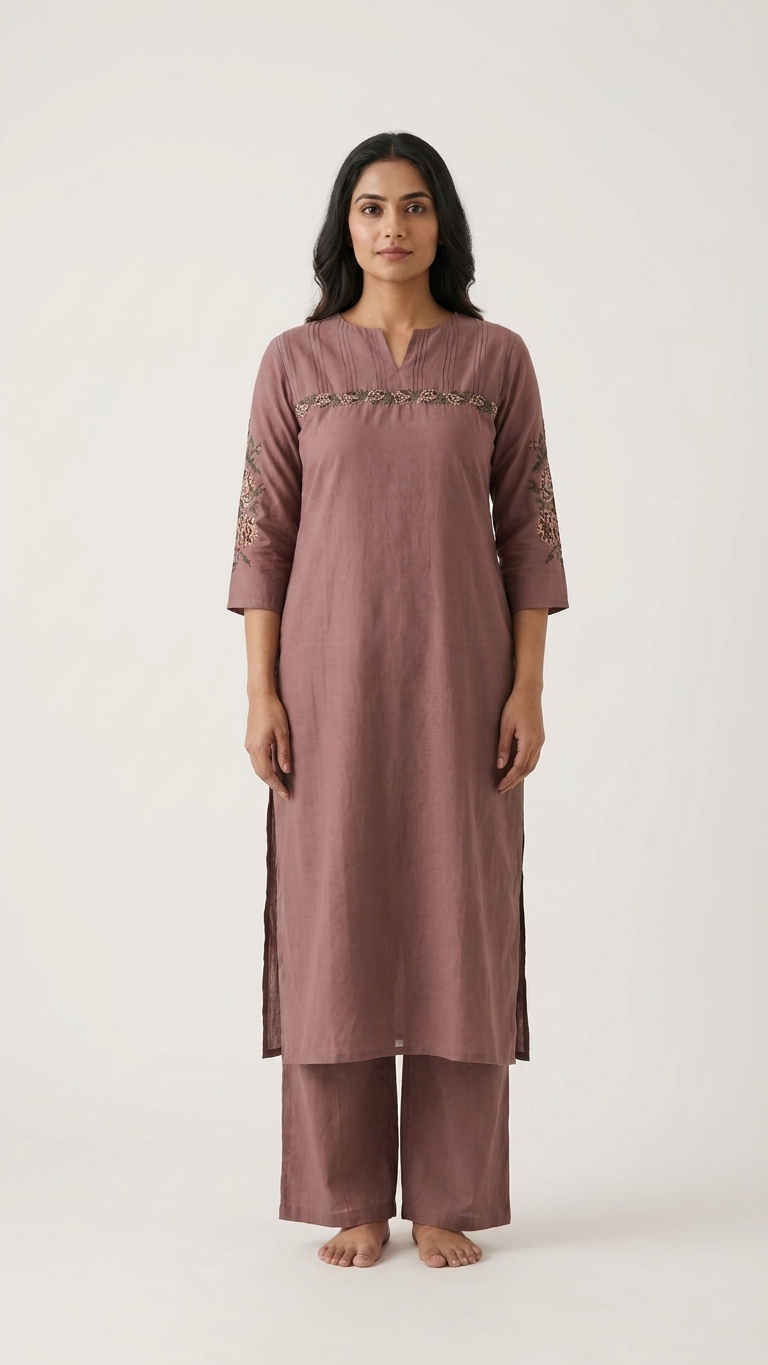 Brown Muslin Kurta Pant Set With Cross Stitch Embroidery