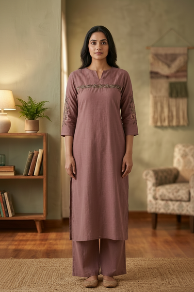 Brown Muslin Kurta Pant Set With Cross Stitch Embroidery