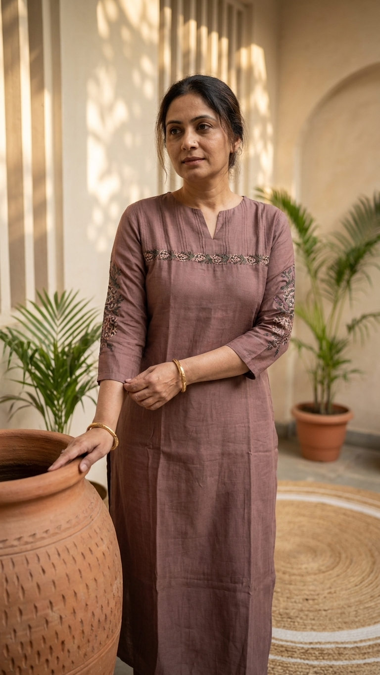 Brown Muslin Kurta Pant Set With Cross Stitch Embroidery