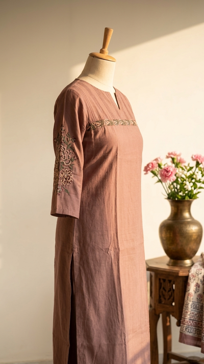 Brown Muslin Kurta Pant Set With Cross Stitch Embroidery
