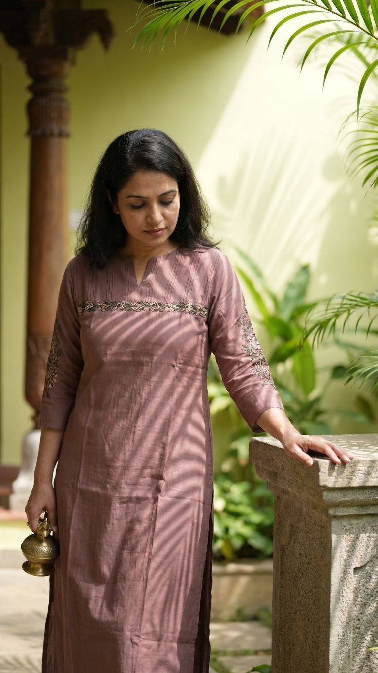 Brown Muslin Kurta Pant Set With Cross Stitch Embroidery