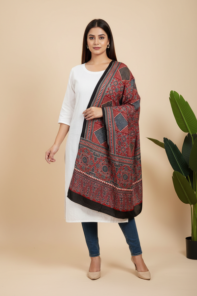 Red Geometric Ajrakh Modal Silk Stole