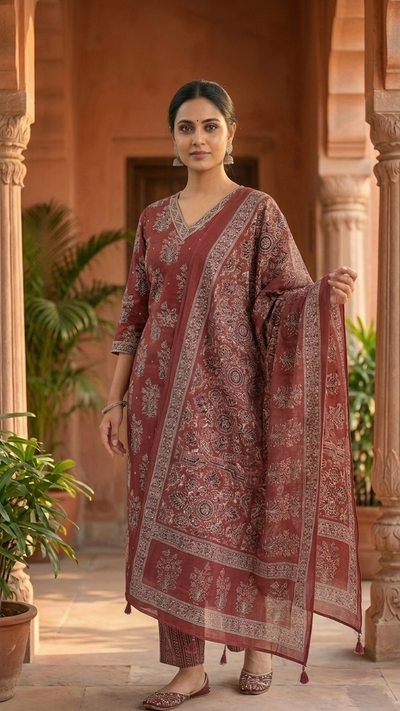 Soft Cotton Floral Straight Fit Kurta Pant Dupatta Set