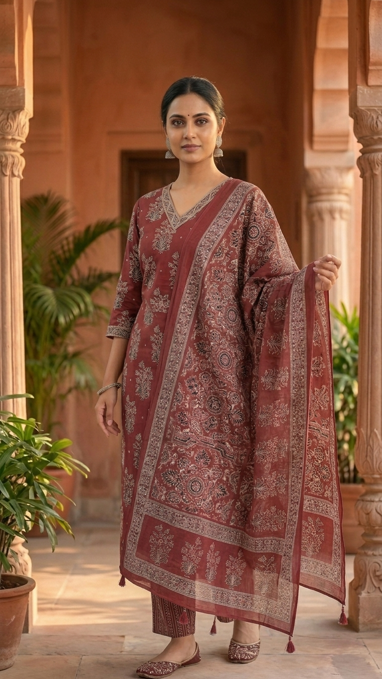 Soft Cotton Floral Straight Fit Kurta Pant Dupatta Set
