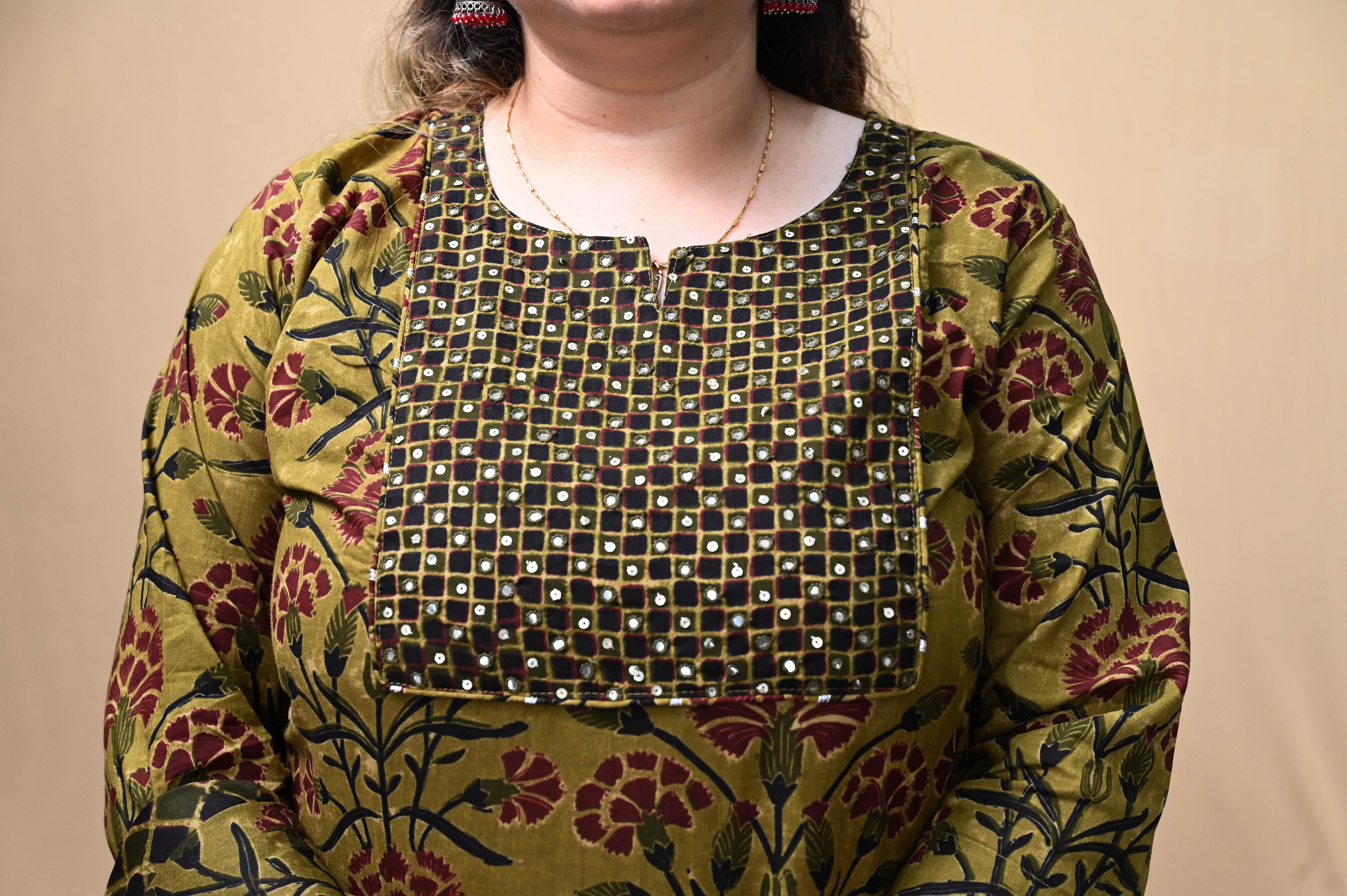 Olive And Mustard Floral Print Cotton Kurta Pant Dupatta Set