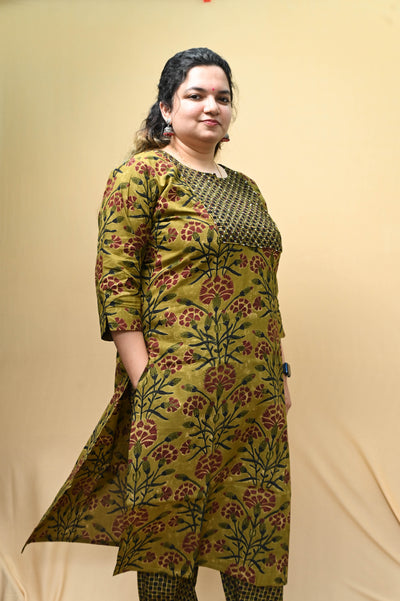 Olive And Mustard Floral Print Cotton Kurta Pant Dupatta Set