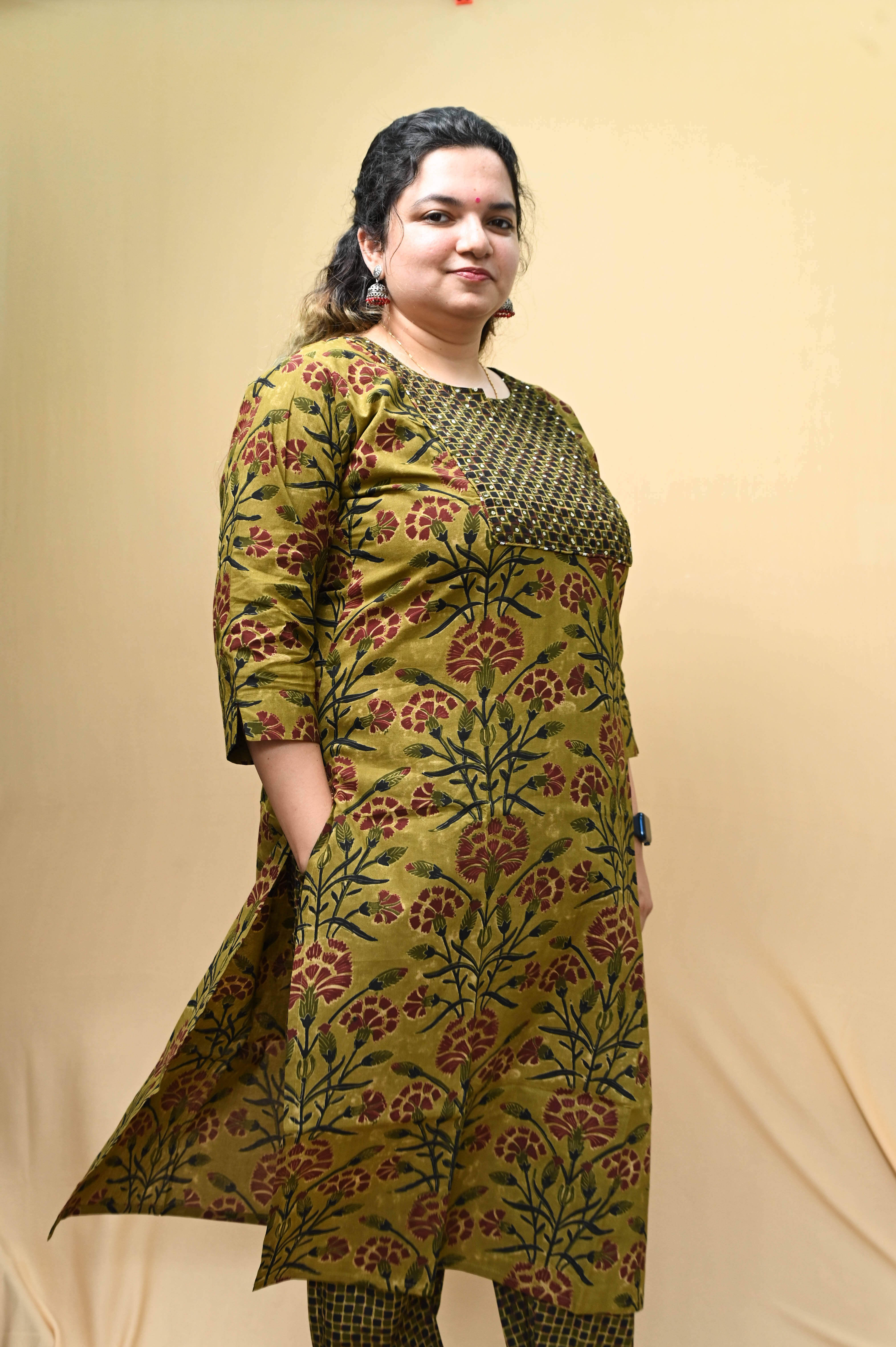 Olive And Mustard Floral Print Cotton Kurta Pant Dupatta Set