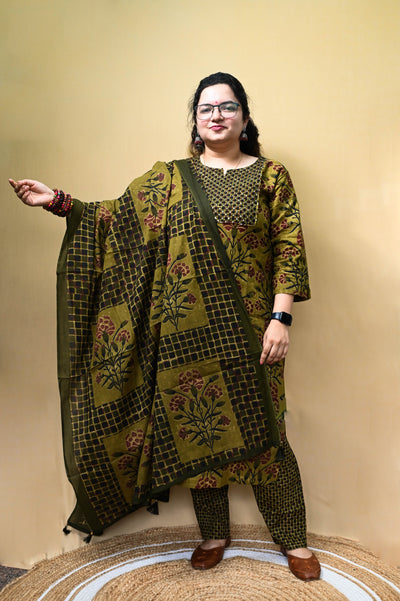 Olive And Mustard Floral Print Cotton Kurta Pant Dupatta Set