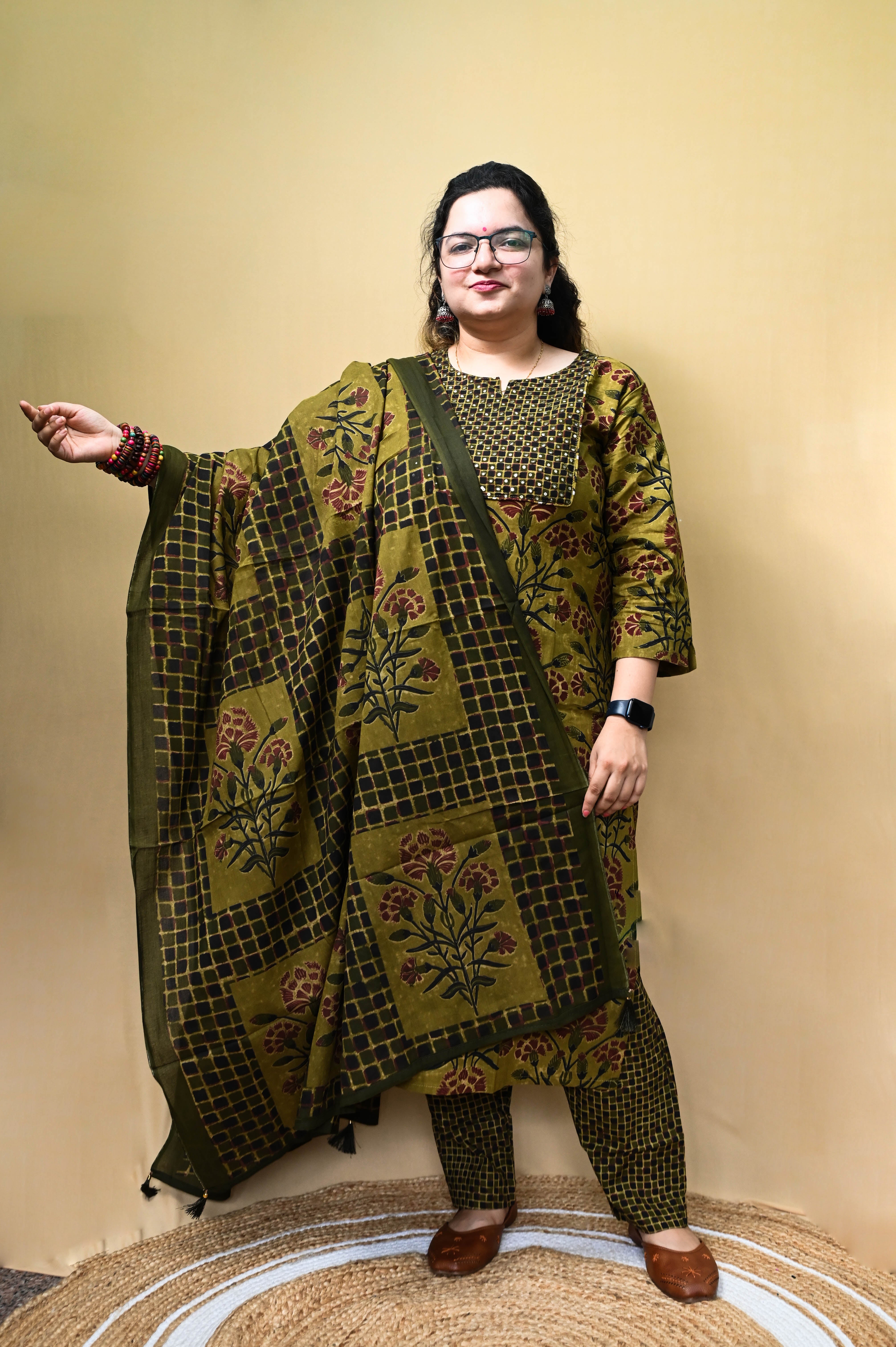 Olive And Mustard Floral Print Cotton Kurta Pant Dupatta Set