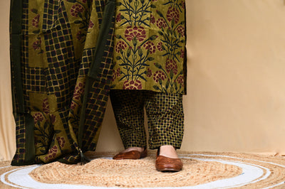 Olive And Mustard Floral Print Cotton Kurta Pant Dupatta Set
