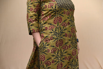 Olive And Mustard Floral Print Cotton Kurta Pant Dupatta Set
