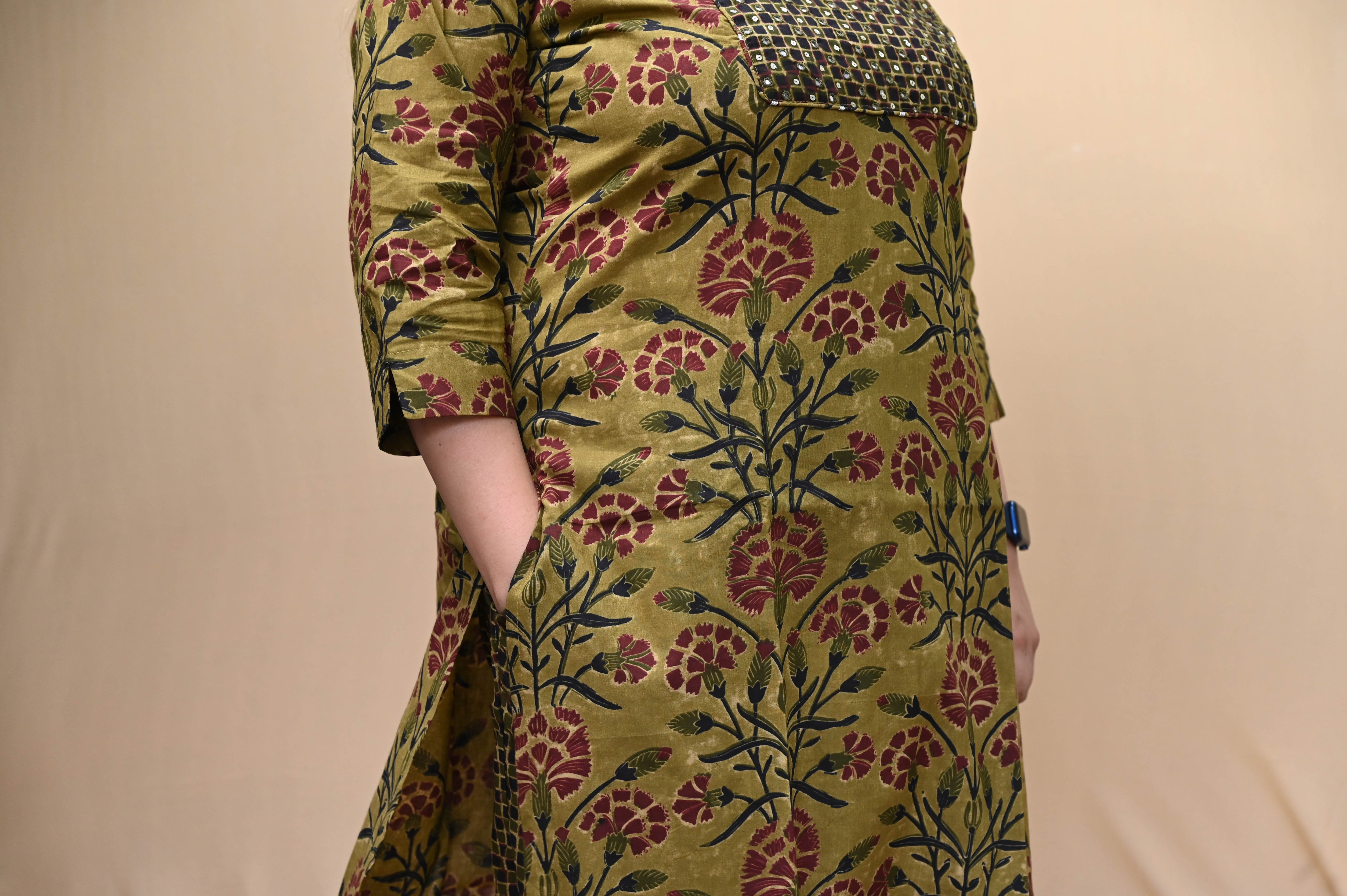 Olive And Mustard Floral Print Cotton Kurta Pant Dupatta Set