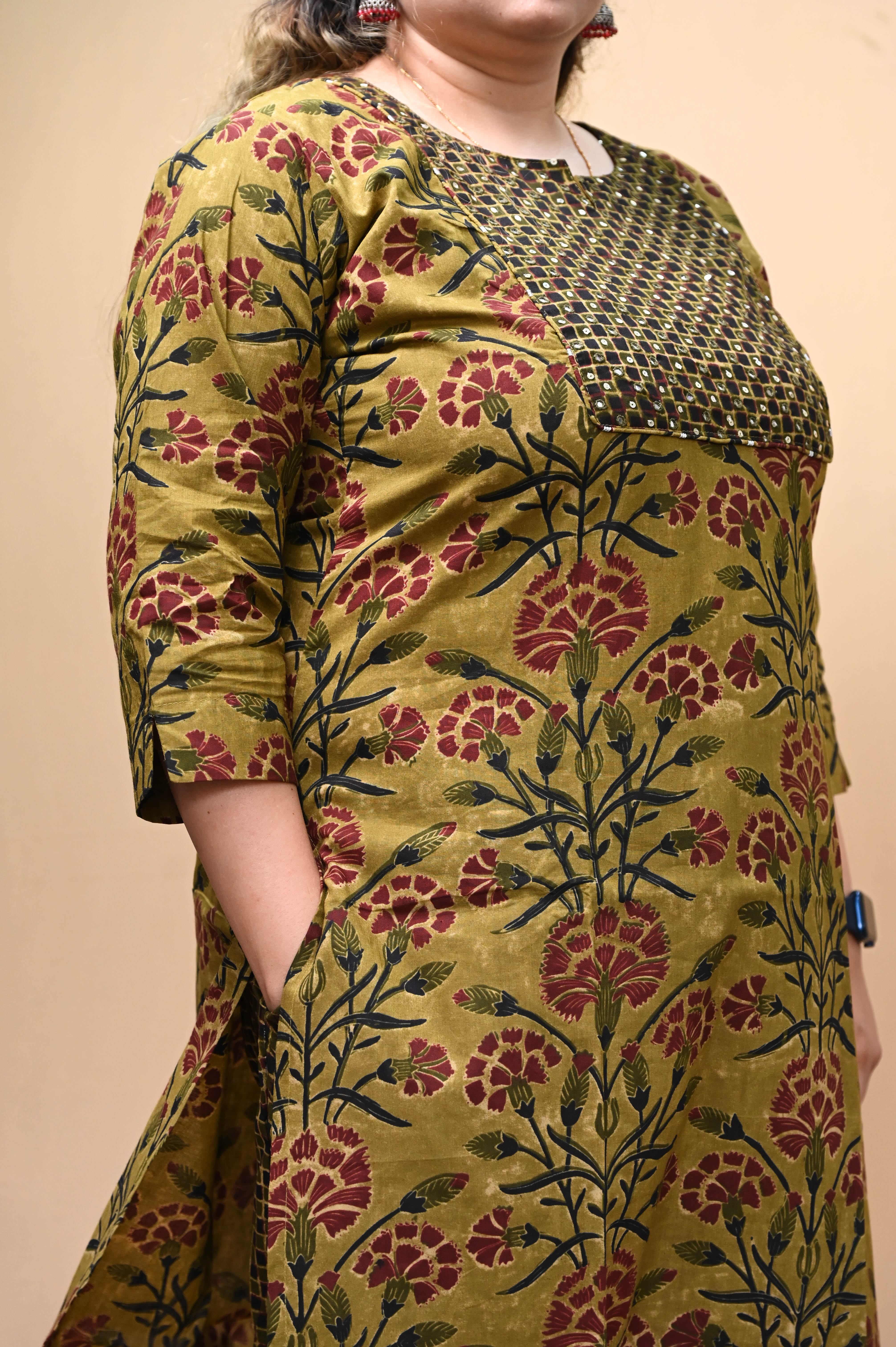 Olive And Mustard Floral Print Cotton Kurta Pant Dupatta Set