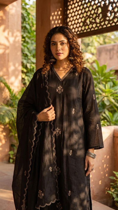 Black Beauty Mul Chanderi Kurta Pant Dupatta Set