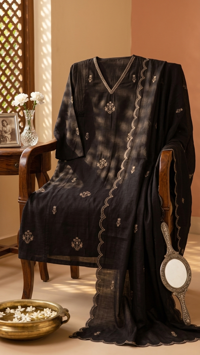 Black Beauty Mul Chanderi Kurta Pant Dupatta Set