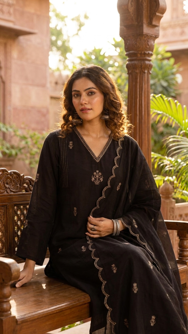 Black Beauty Mul Chanderi Kurta Pant Dupatta Set