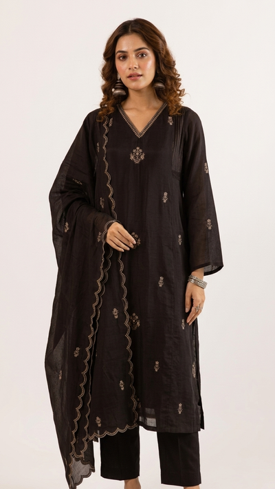 Black Beauty Mul Chanderi Kurta Pant Dupatta Set