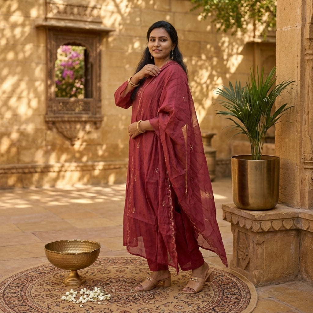 Onion Pink Solid Mul Chanderi Kurta Pant Dupatta Set