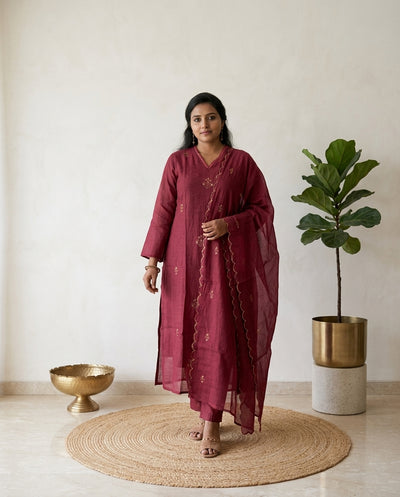 Onion Pink Solid Mul Chanderi Kurta Pant Dupatta Set