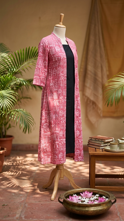 Black Cotton Sleeveless Dress With Pink Hand Block Shrug