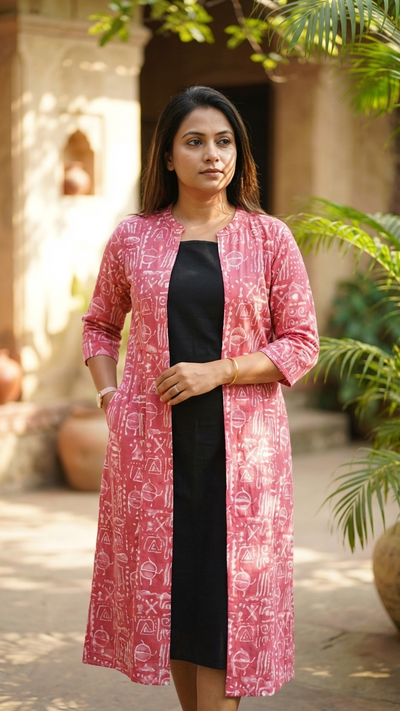 Black Cotton Sleeveless Dress With Pink Hand Block Shrug